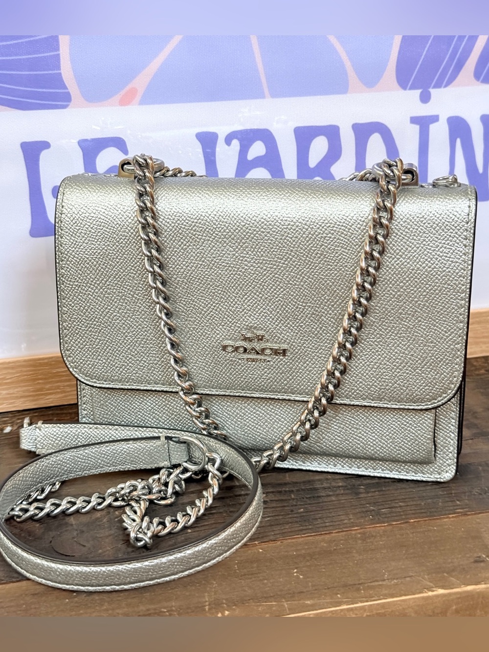 Coach Mini Klara Silver Metallic Leather Shoulder Crossbody Bag Party Vacation